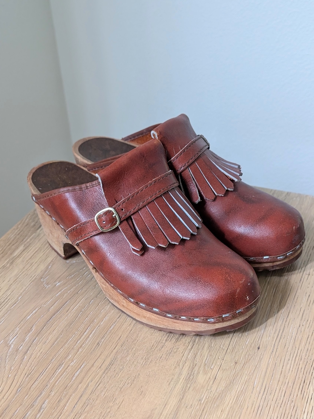 Vintage Swedish Leather Fringe Clog Mules in Brown - 8.5 US / 39 EU